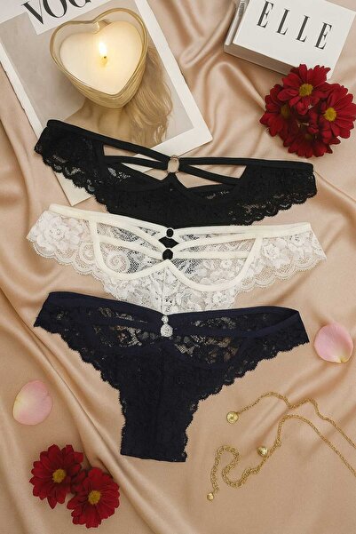 İntive Lingerie Women's Lace Detailed Panties Set of 3 - Black and White