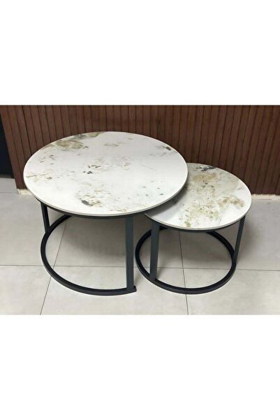 Türkiye Nesting Tables Removable Set of 2 End Table, Round Coffee Tables with Black Metal Frame Legs and Mar