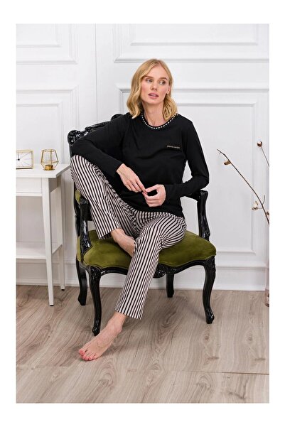 Pierre Cardin Kadın Siyah Çizgili Cep Detaylı Pijama Takımı .P.İ.E6.6..R.O.Z..8..E.L.T.7.