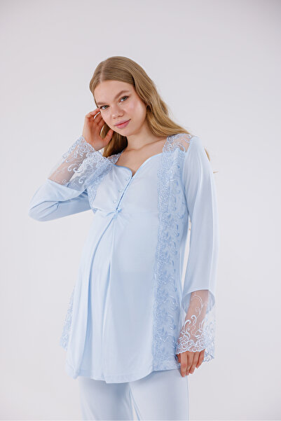 Yulem Homewear Mavi Özel Dantelli Tasarım Pamuklu Lohusa Hamile Pijama Takım