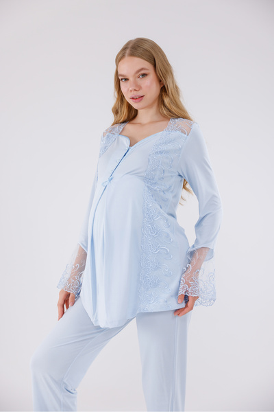 Yulem Homewear Set de pijamale de maternitate din bumbac cu design special din dantelă albastră