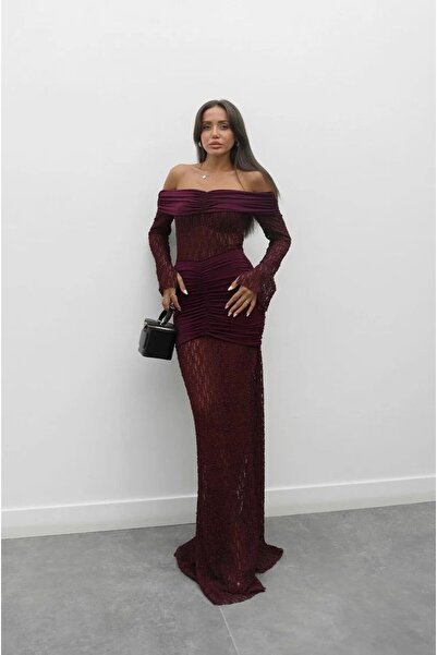 Miss Beyoğlu Kadın Dantel Abiye Elbise – Omuz Açık, Uzun, Şık Gece & Davet Elbisesi – Yeni Sezon