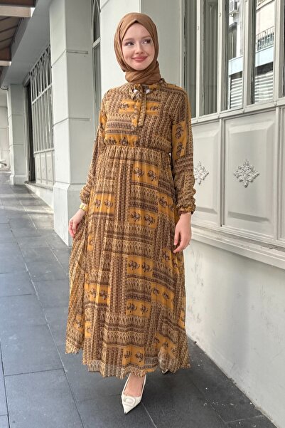 Kombinazon Sera Mini Patterned Fully Lined Chiffon Mustard Dress