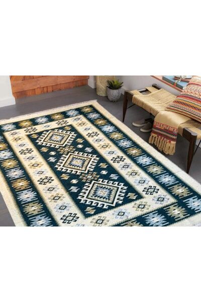 OEM Traditional woven rug, double-sided, dimensions 180 x 280 cm, Green and cream, rhombus pattern