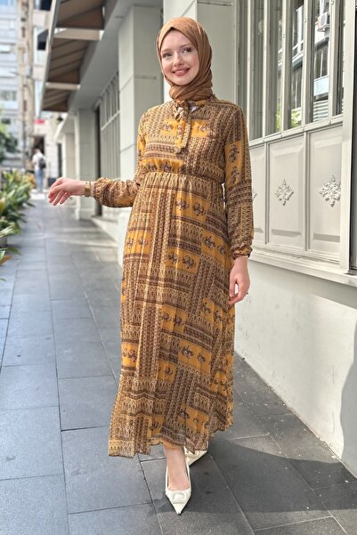 Kombinazon Sera Mini Patterned Fully Lined Chiffon Mustard Dress