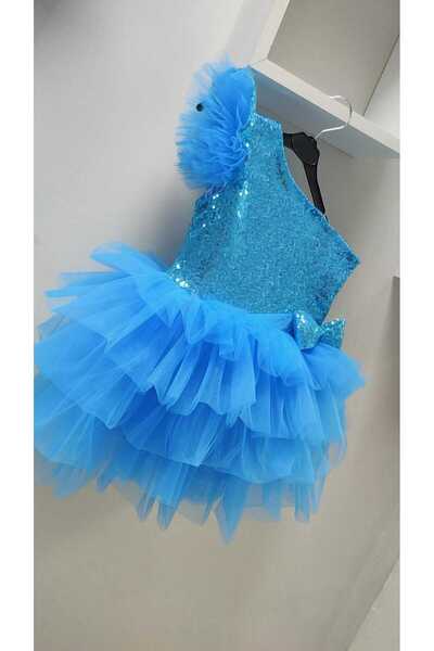 babysmile Blue One Shoulder Sleeve Detail Girls Dress