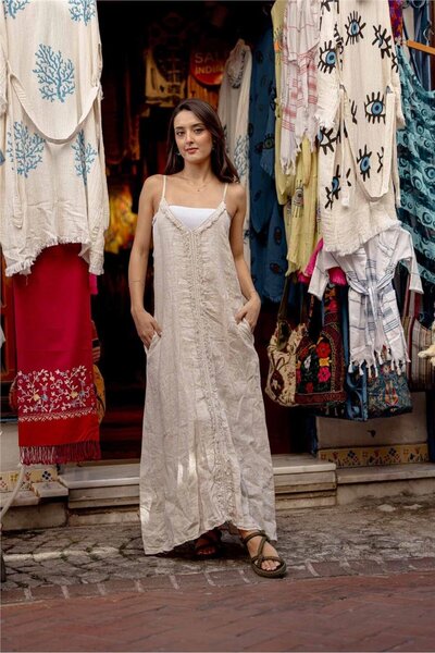 Miss Boheme Cream Color Suspender Italian Linen Dress