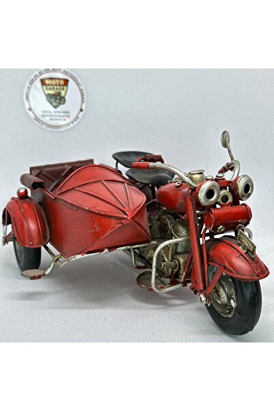 MotoGarage El Yapımı Dekoratif Yan Sepetli Kırmızı Motosiklet Model – Metal Biblo & Vintage Maket (18 cm)
