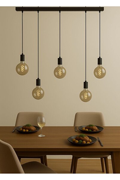 VENON Retro 5.li Sarkıt Kablolu Siyah Yemek Masası Üstü Avizesi Sarkıt Avize ...