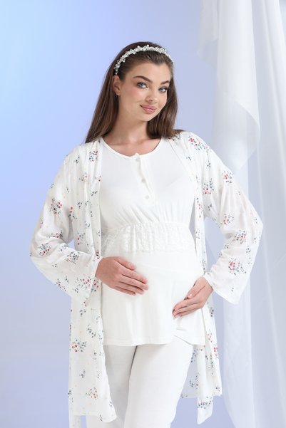 Lohusa Dünyasi Women's Floral Crew Neck 3-Piece Maternity Pajama Set