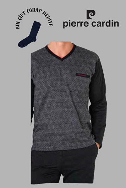 Pierre Cardin Ανδρικό σετ πιτζάμες μαύρο μακρυμάνικο ζακάρ βαμβακερό με 1 ζευγάρι κάλτσες δώρο