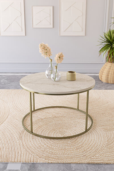 Dekoport Royal Orta Ve Zigon Sehpa Seti Metal Ayak Traverten Desen Tabla