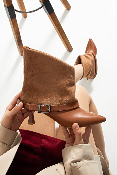 MissPapatya SERINA Kadın Taba İnce Topuklu Süet Deri Detaylı Bilek Boy Bot