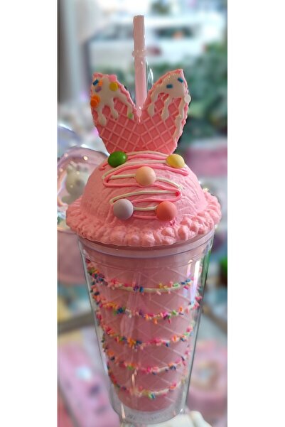 ada çanta kırtasiye Plastic Cup with Ice Cream Cone Shaped Fancy Lid and Straw 470ml Ad15995