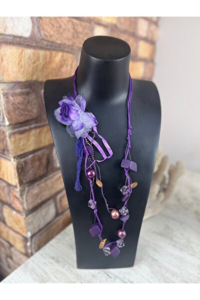 SEDEF TAKI Lila uzun incili ahşap boncuklu kolye