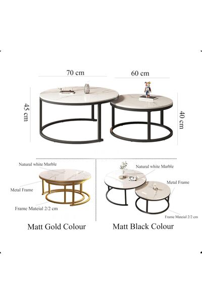 Türkiye Modern Nesting Coffee Table Set Natural White Marble Top with Matt Black or Gold Metal Frame