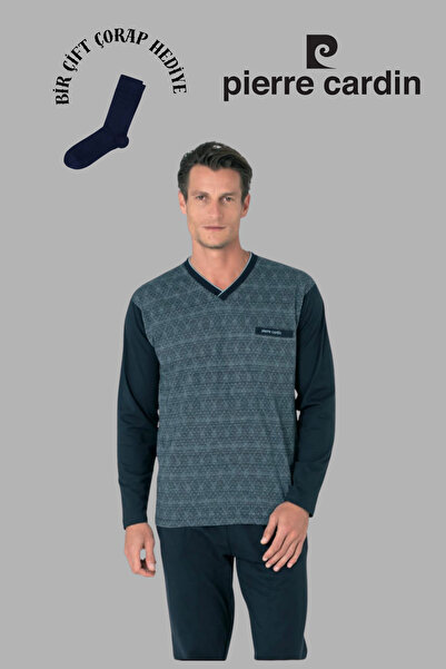 Pierre Cardin Чоловічий темно-синій комплект піжами з довгими рукавами з жакардової бавовни, 1 пара шкарпеток у подарунок