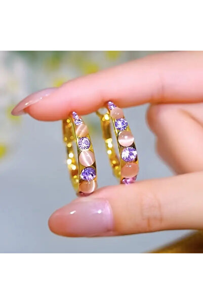 SEVAS GOLD Altın Renk Kadın Mor Ve Sarı Taşlı Halka Küpe