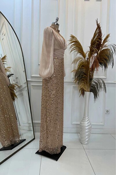 Halezademoda Balon Kollu Pullu Tesettür Abiye