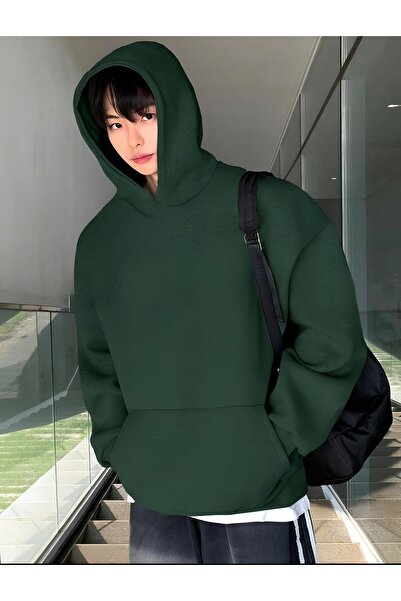 trendgar Yeşil Kapşonlu Kanguru Cepli Sweatshirt Hodie