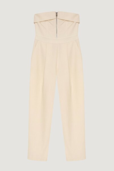 Quzu Women's Ecru Zippered Strapless Jumpsuit Jumpsuit 25Ytlm00403-Natur