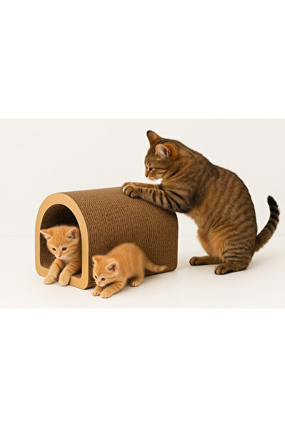 Mimama Bej renkli dayanıklı karton kedi tırmalama tüneli, eğlenceli ve şık ta...