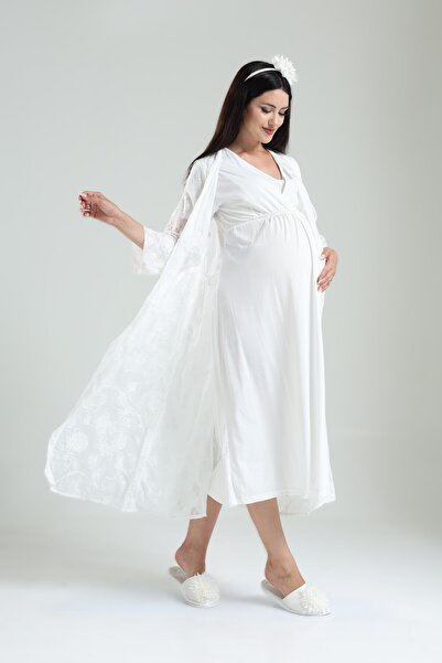Lohusa Dünyasi Women's Ecru Lace Jacquard 2-Piece Maternity Nightgown and Robe Set