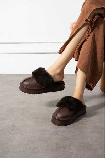 SAGİYEEK Matte Fur Lined Flat Sole Women's House Slippers