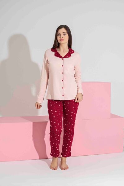 Tarık Women's Dusty Pink Floral Patterned Long Sleeve Interlock Combed Cotton Fabric Front Buttoned Seasonal Pajama Set