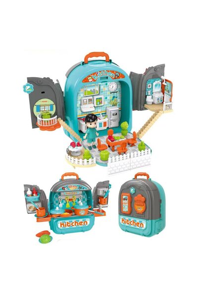 Rovo 3 in 1 996 Toy Backpack Set, Kitchen, Boy's Apartment, 86 Pieces, Blue