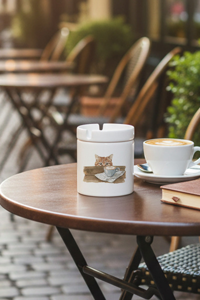 giftkonsept Autumn Themed Cute Cat No:1 Printed Ceramic Lidless Ashtray with Lid