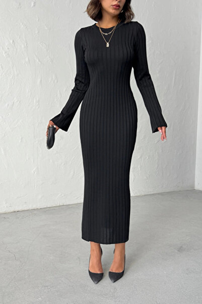 Lusin Kadın Siyah Uzun kol Şık Zarif Midi Boy Triko Elbise