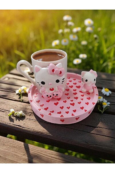 RivelCandle El Yapımı Hello Kitty Tasarımlı Porselen Kahve Fincanı (Pembe) - Dekoratif Kahve Takımı