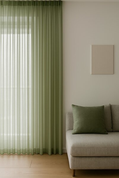 Ran Perde Dökümlü Düz Tül Perde - Haki Yeşil - Pileli Dikim 1x2,5 Pile