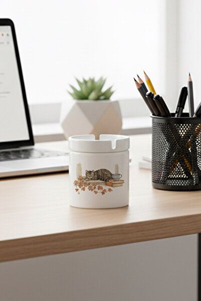 giftkonsept Autumn Themed Cute Cat No:10 Printed Ceramic Lid Unscented Ashtray