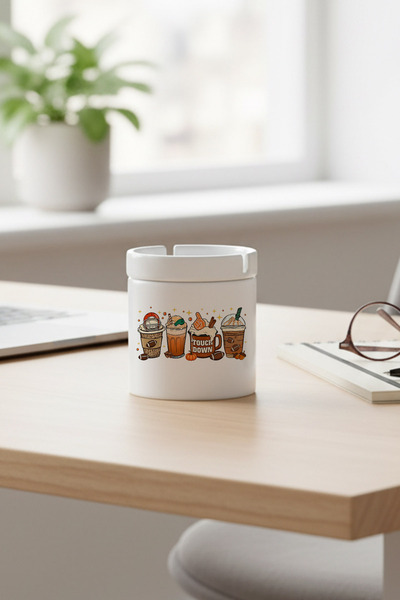 giftkonsept Autumn Themed Coffees No:8 Printed Ceramic Lidless Ashtray Without Odor