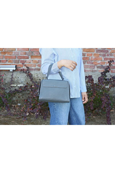 Aksesuarlia Gray Color Genuine Leather Hand and Shoulder Bag, Shoulder Strap, Daily, Travel