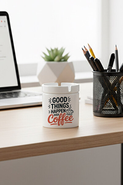 giftkonsept Good Things Happen over Coffee Printed Ceramic Lidless Ashtray