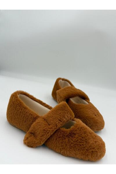 adelix Yeni Sezon Tek Bantlı Lastikli Kadın Peluş Ev Babet Taba