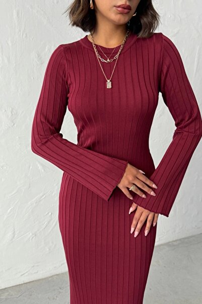 Lusin Γυναικείο μπορντό μακρυμάνικο κομψό πλεκτό φόρεμα μεσαίου μήκους