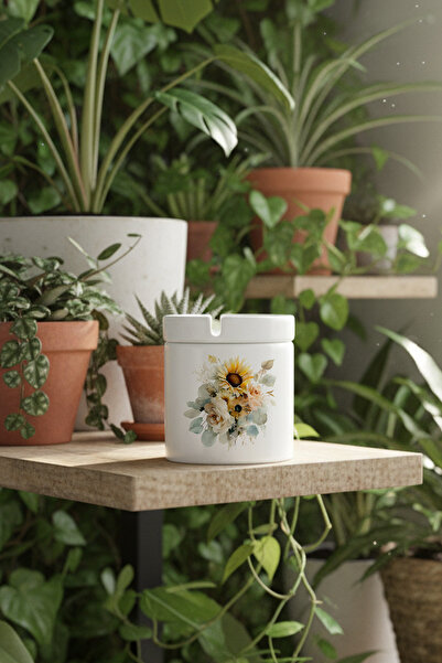 giftkonsept Trapa de scrumi fără parfum cu capac din ceramică imprimată cu tema de toamnă cu floarea-soarelui nr. 4