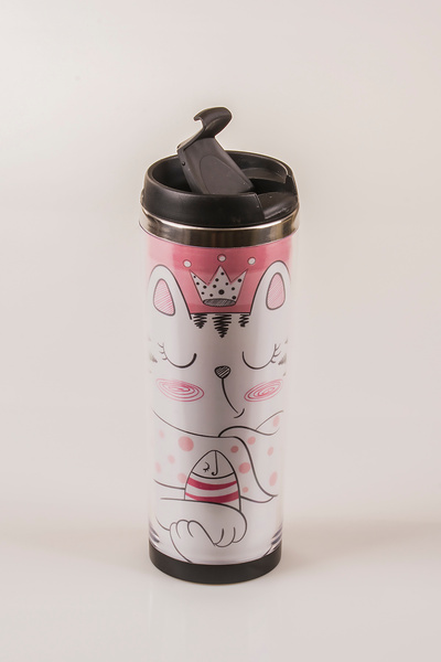 MUKKO HOME Cat Decorated Steel Mug - 360 ml |   Leak-Proof Lid, Steel Inner Bowl, 19 cm
