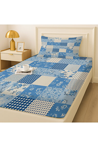 Else Dekor Σετ σεντόνια μονό κρεβάτι με μπλε και λευκό σχέδιο με ελαστικό και μαξιλαροθήκη 100x200cm