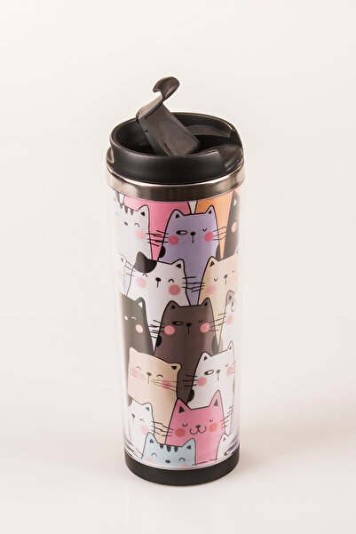 MUKKO HOME Cat Decorated Steel Mug - 360 ml |   Leak-Proof Lid, Steel Inner Bowl, 19 cm
