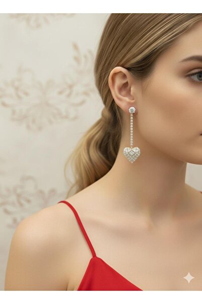 bettin tasarım Altın Renk Bijuteri Kalp Model Zirkon Taşlı Kadın Küpe