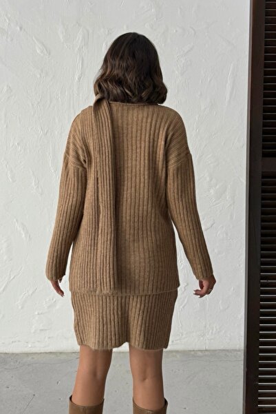 Lusin Women's Camel Brown Skirt Sweater Scarf 3-Piece Knitwear Set