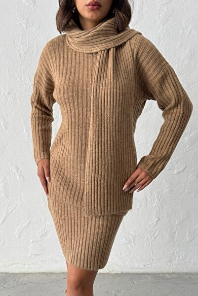 Lusin Women's Camel Brown Skirt Sweater Scarf 3-Piece Knitwear Set