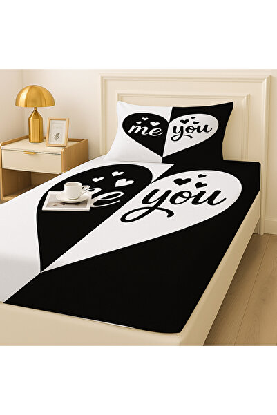 Else Dekor Black and White Heart Patterned Elastic Single Bed Sheet Set with Pillowcase 100X200Cm