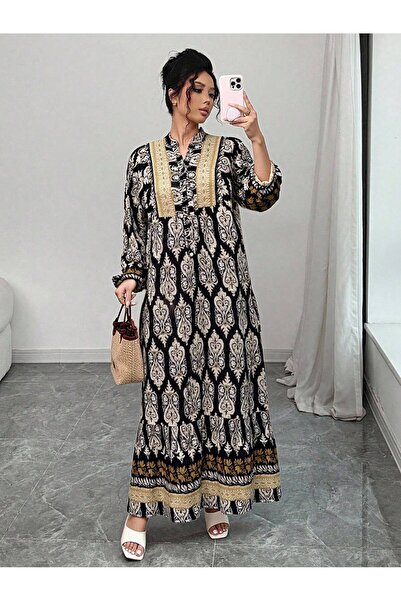 TUBA EXPORT Kadın Vintage Etnik Desenli Uzun Elbise – Rahat ve Şık Günlük Kullanıma Uygun
