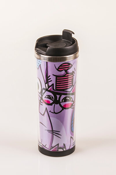 MUKKO HOME Cat Decorated Steel Mug - 360 ml |   Leak-Proof Lid, Steel Inner Bowl, 19 cm